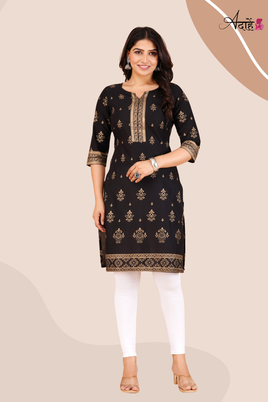 Adaahe Women's Black and Gold Printed Cotton Kurti - Adaahe