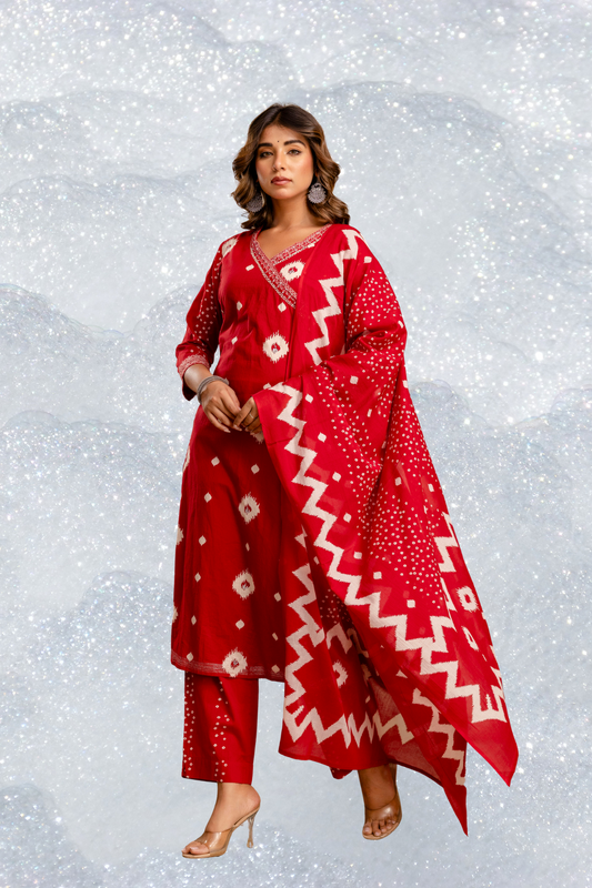 Adaahe Red Cotton Printed Kurta Pant with Dupatta Set for Women