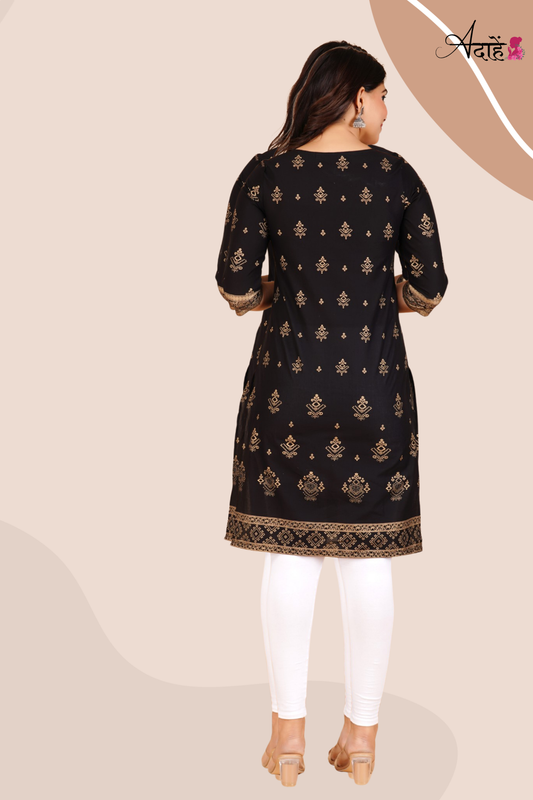 Adaahe Women's Black and Gold Printed Cotton Kurti - Adaahe