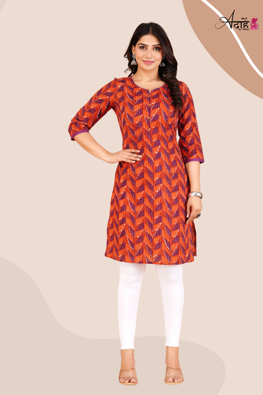 Adaahe Women's Orange and Purple Geometric Printed Kurti - Adaahe