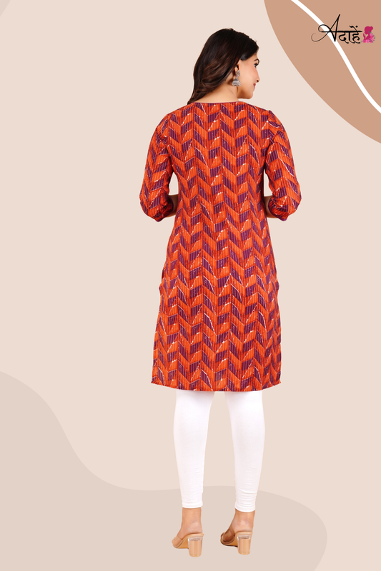 Adaahe Women's Orange and Purple Geometric Printed Kurti - Adaahe