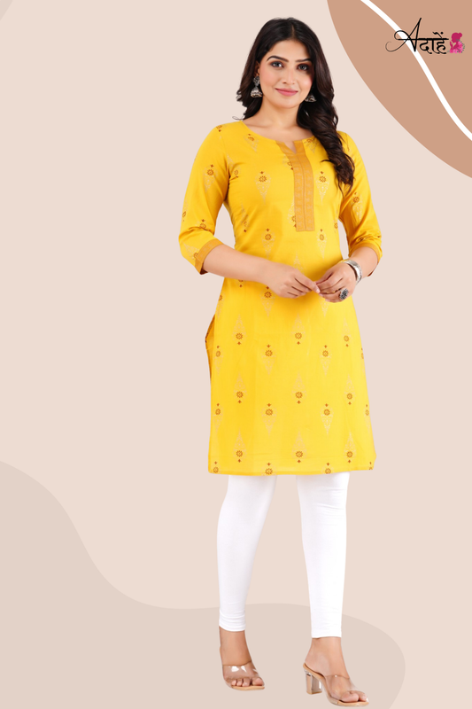 Adaahe Women's Yellow and Gold Printed Cotton Kurti - Adaahe
