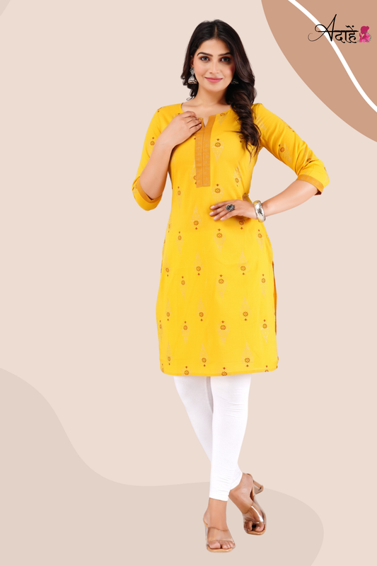 Adaahe Women's Yellow and Gold Printed Cotton Kurti - Adaahe
