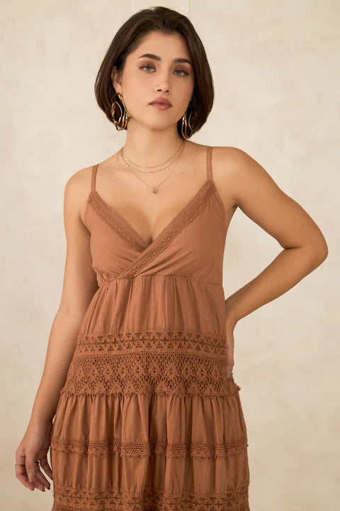 Adaahe Cotton Strappy Tiered Lace Dress for Women
