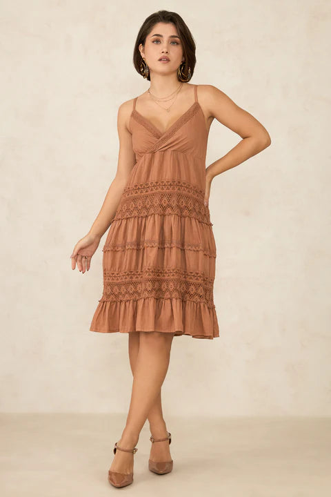 Adaahe Cotton Strappy Tiered Lace Dress for Women