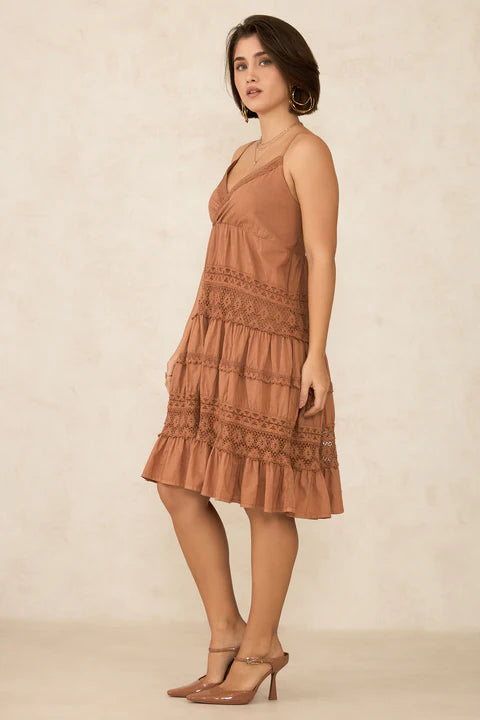 Adaahe Cotton Strappy Tiered Lace Dress for Women