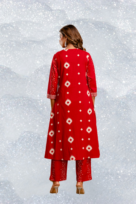 Adaahe Red Cotton Printed Kurta Pant with Dupatta Set for Women