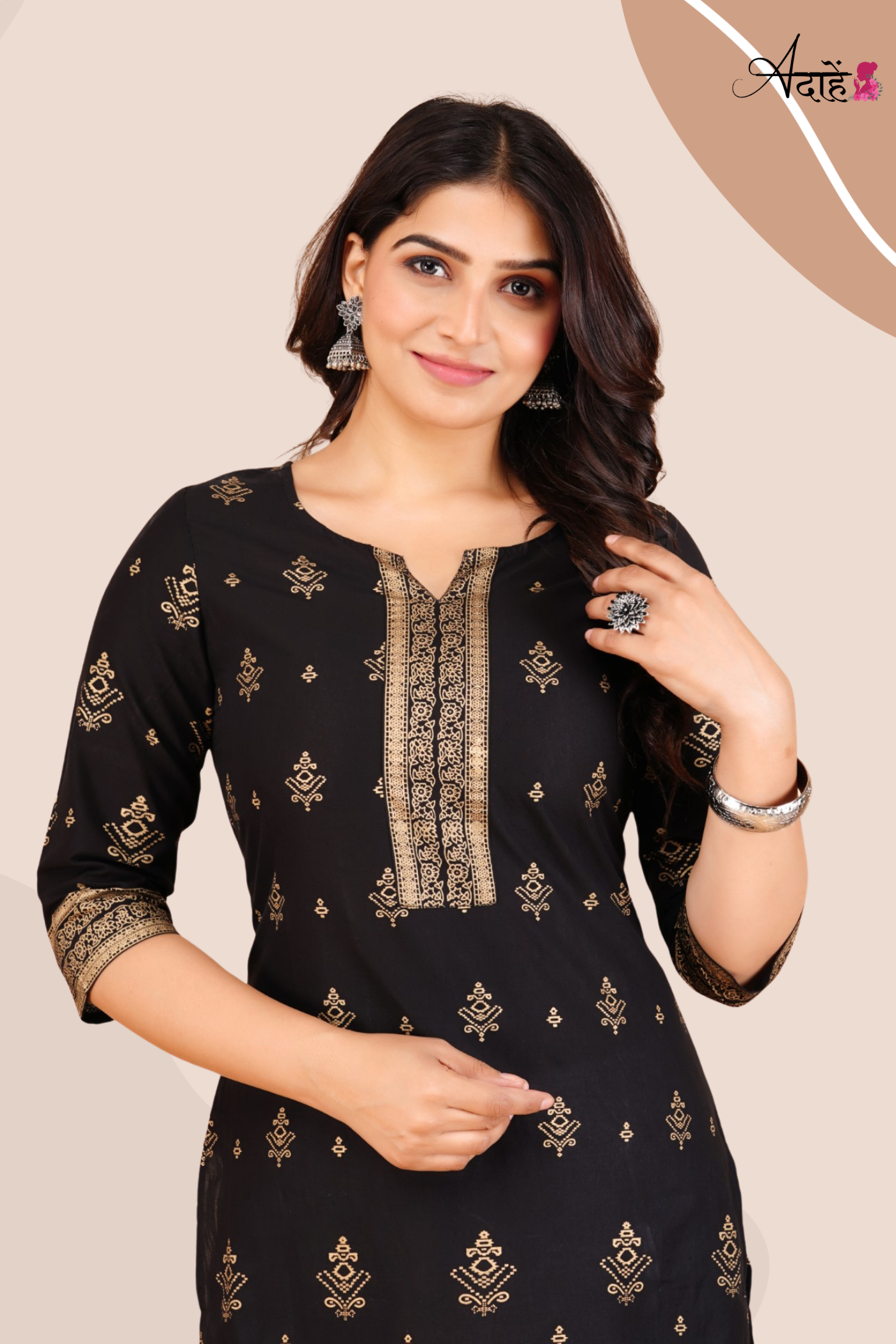 Adaahe Women's Black and Gold Printed Cotton Kurti - Adaahe