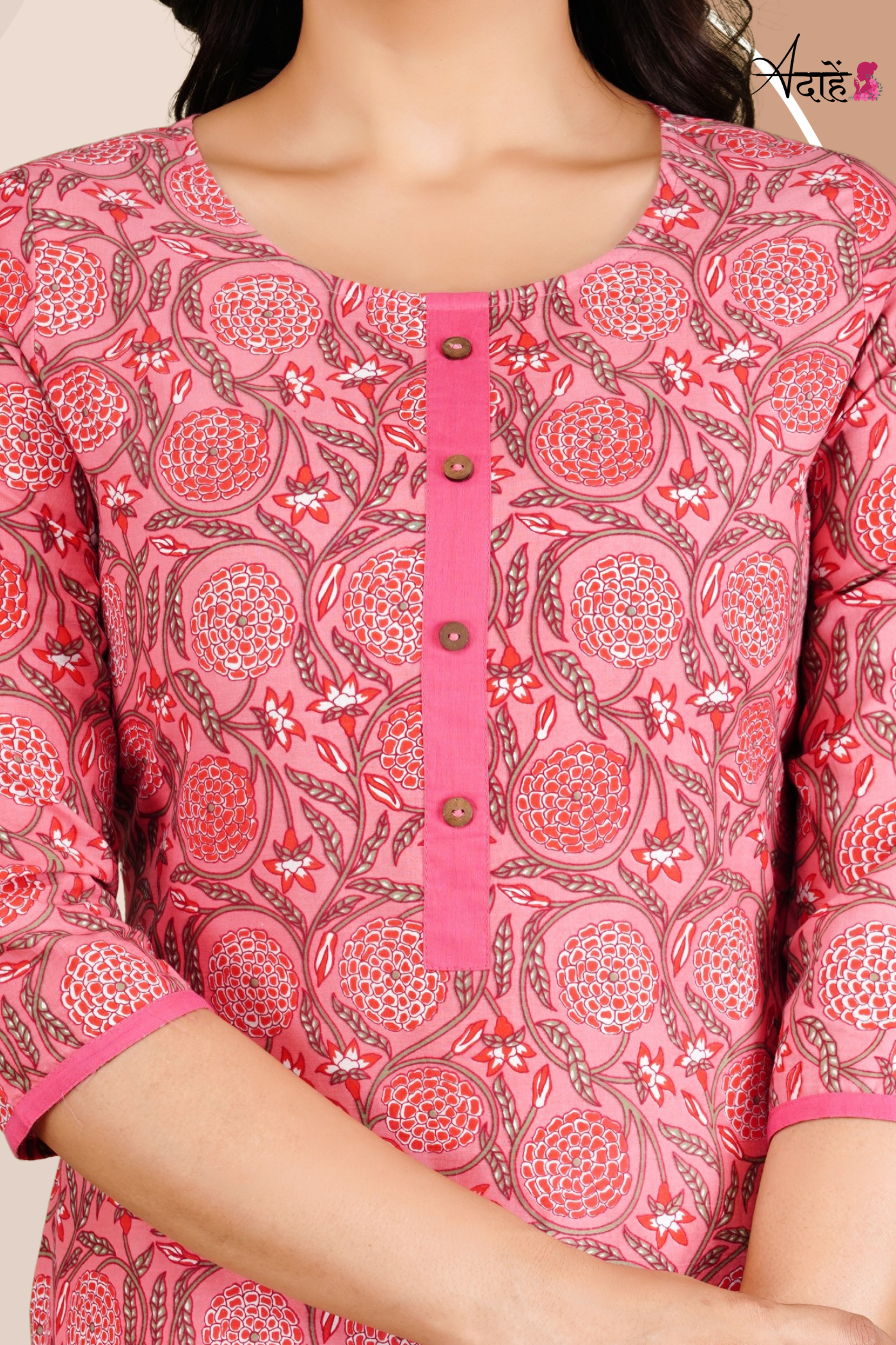 Adaahe Women's Jaipuri Printed Pink Cotton Kurti - Adaahe