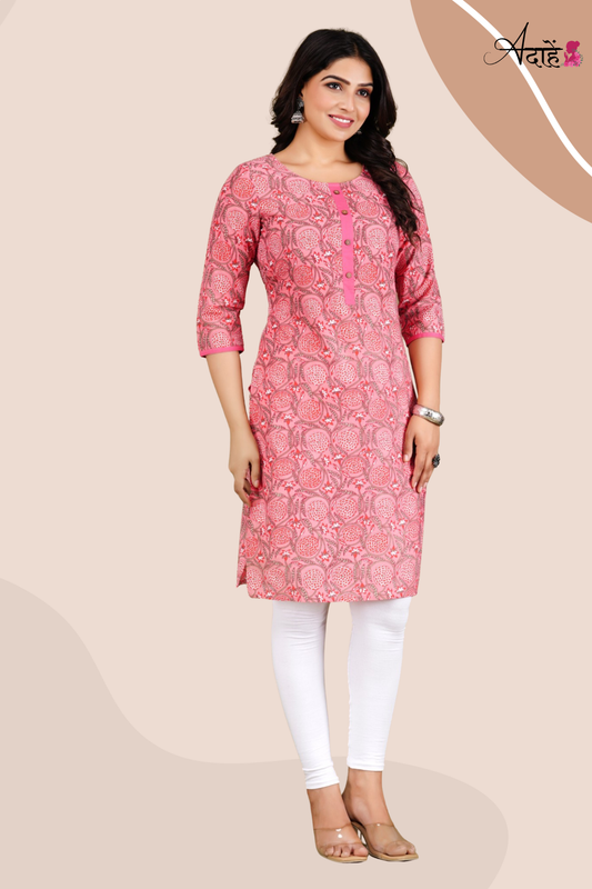 Adaahe Women's Jaipuri Printed Pink Cotton Kurti - Adaahe