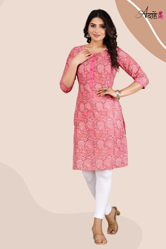 Adaahe Women's Jaipuri Printed Pink Cotton Kurti - Adaahe