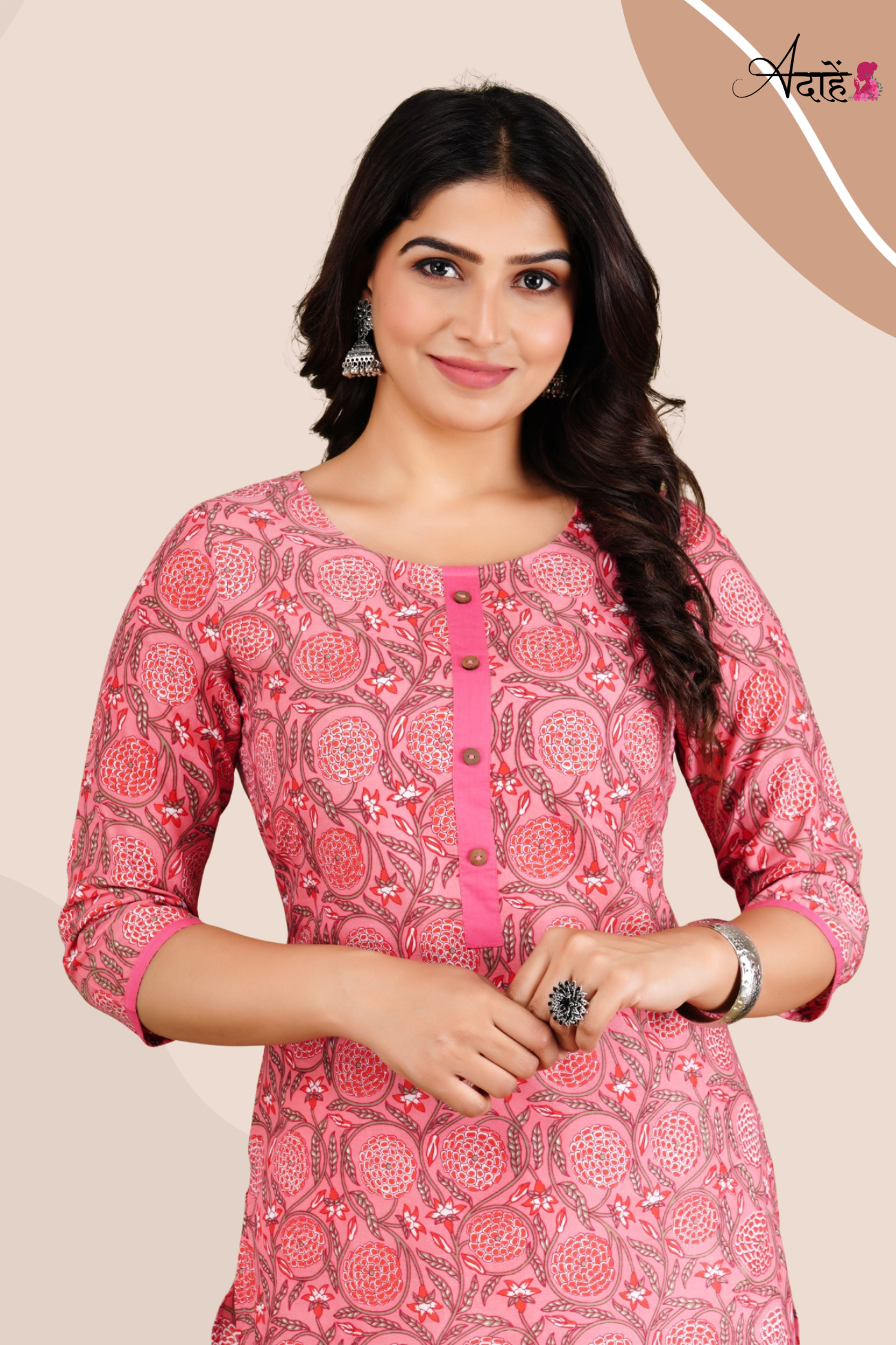 Adaahe Women's Jaipuri Printed Pink Cotton Kurti - Adaahe