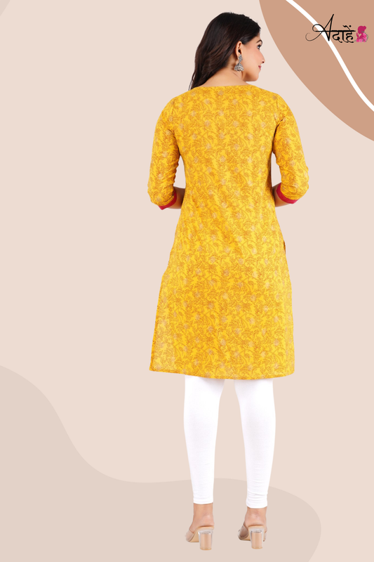 Adaahe Women's Yellow and Pink Printed Cotton Kurti - Adaahe