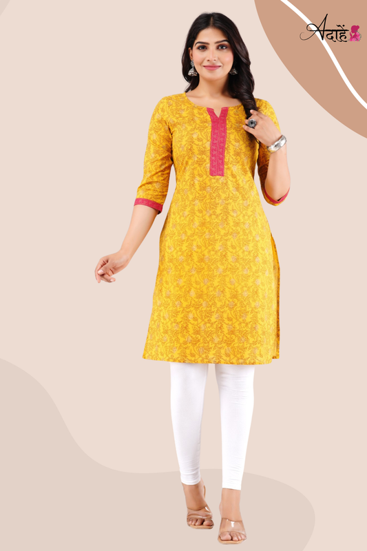 Adaahe Women's Yellow and Pink Printed Cotton Kurti - Adaahe