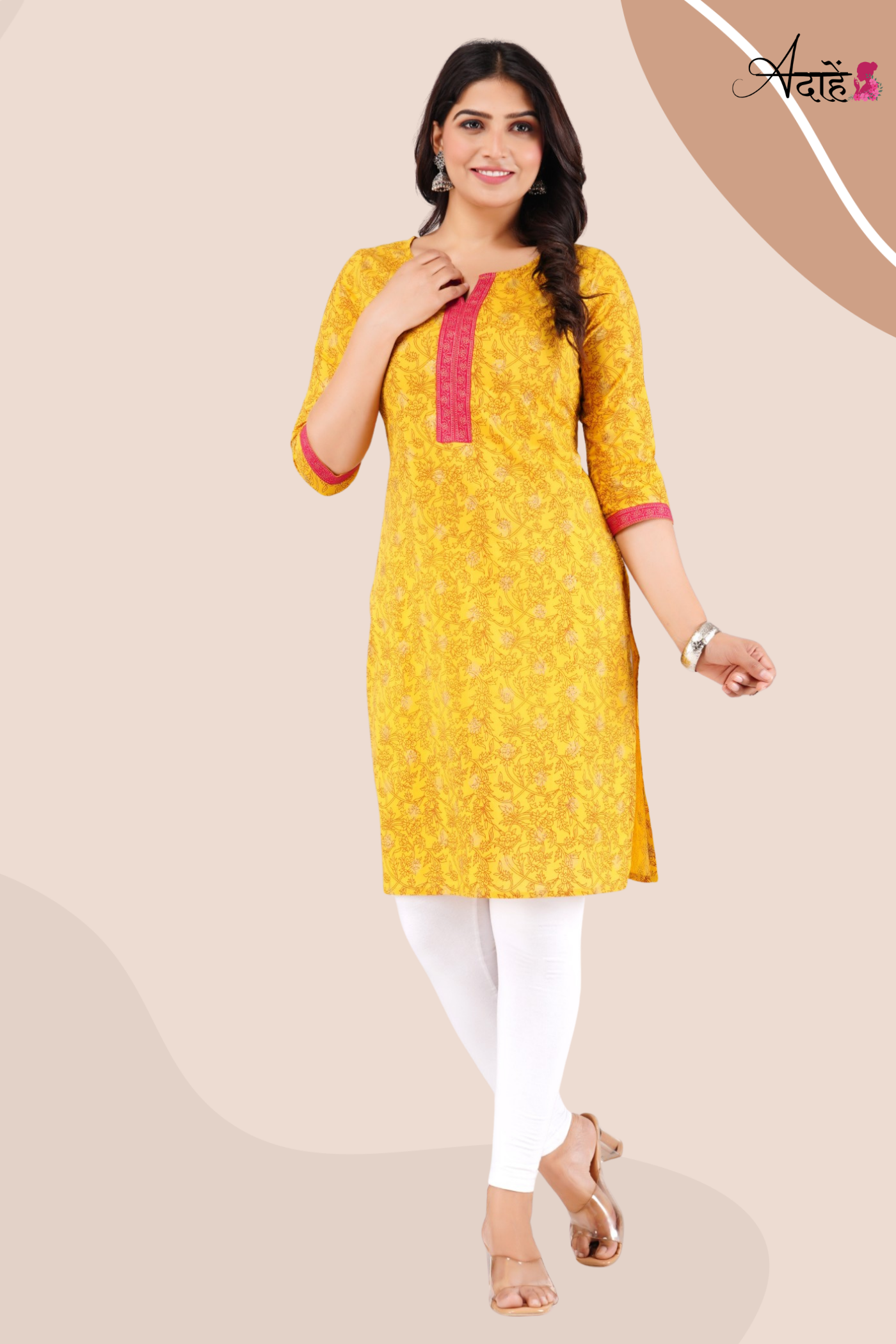 Adaahe Women's Yellow and Pink Printed Cotton Kurti - Adaahe