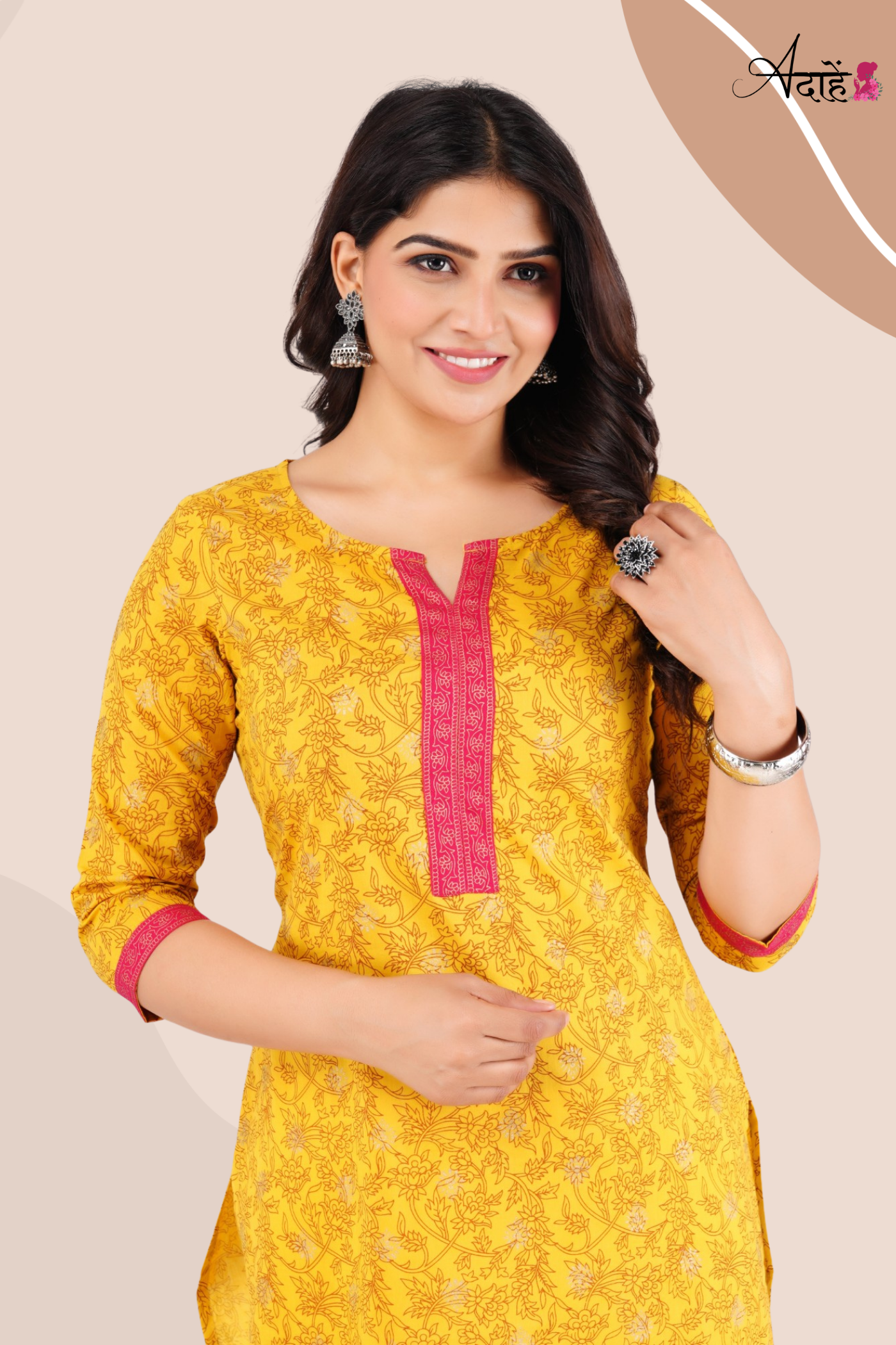 Adaahe Women's Yellow and Pink Printed Cotton Kurti - Adaahe