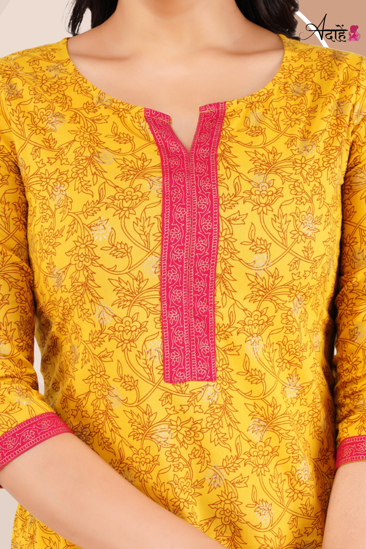 Adaahe Women's Yellow and Pink Printed Cotton Kurti - Adaahe