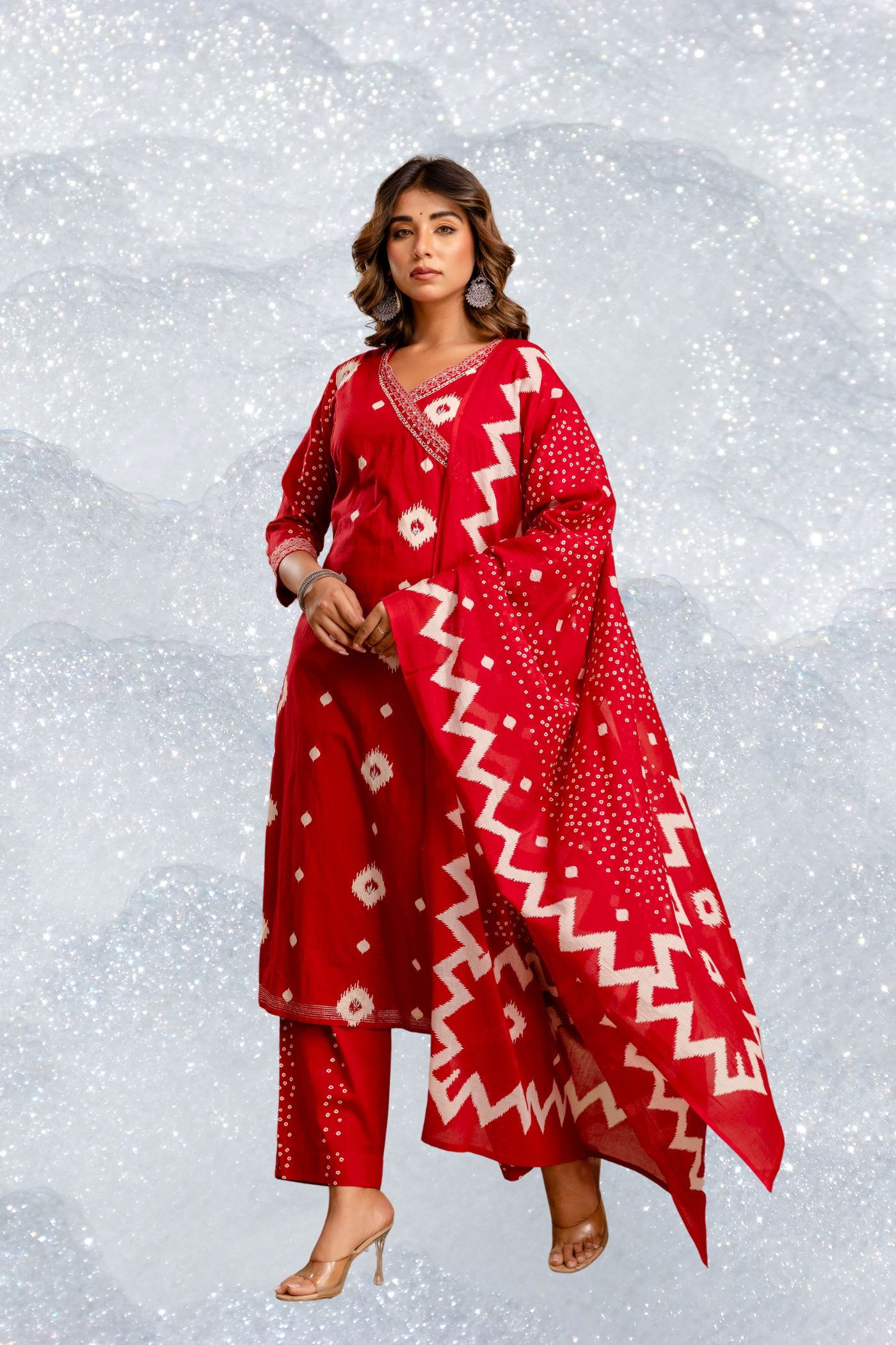 Adaahe Red Cotton Printed Kurta Pant with Dupatta Set for Women