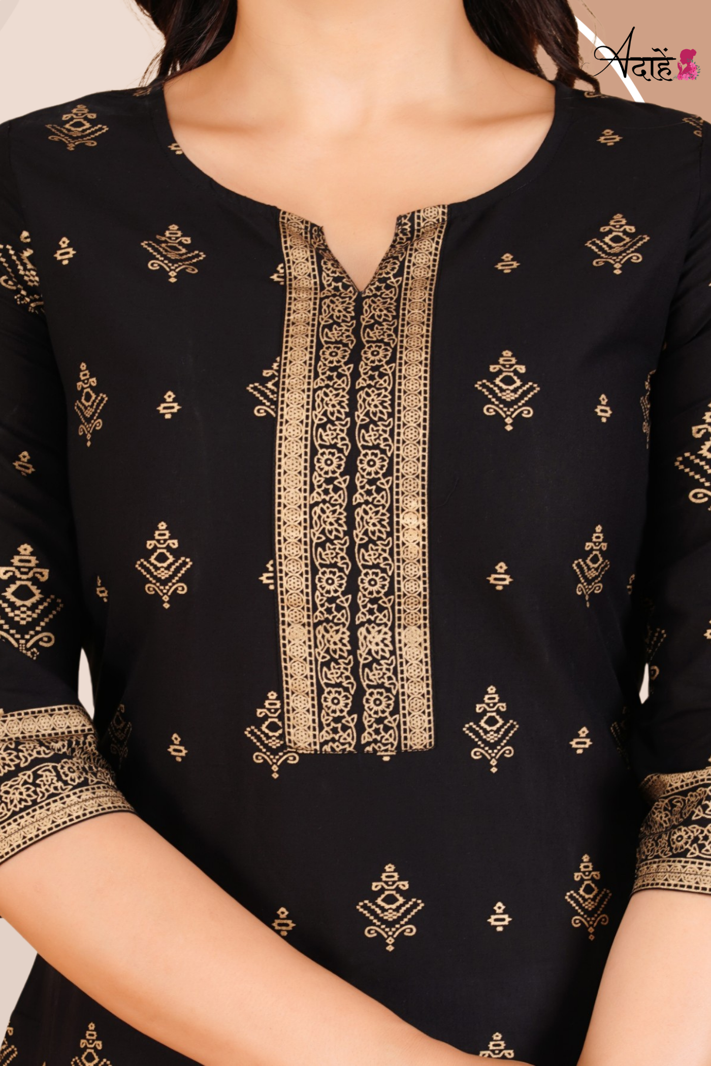 Adaahe Women's Black and Gold Printed Cotton Kurti - Adaahe