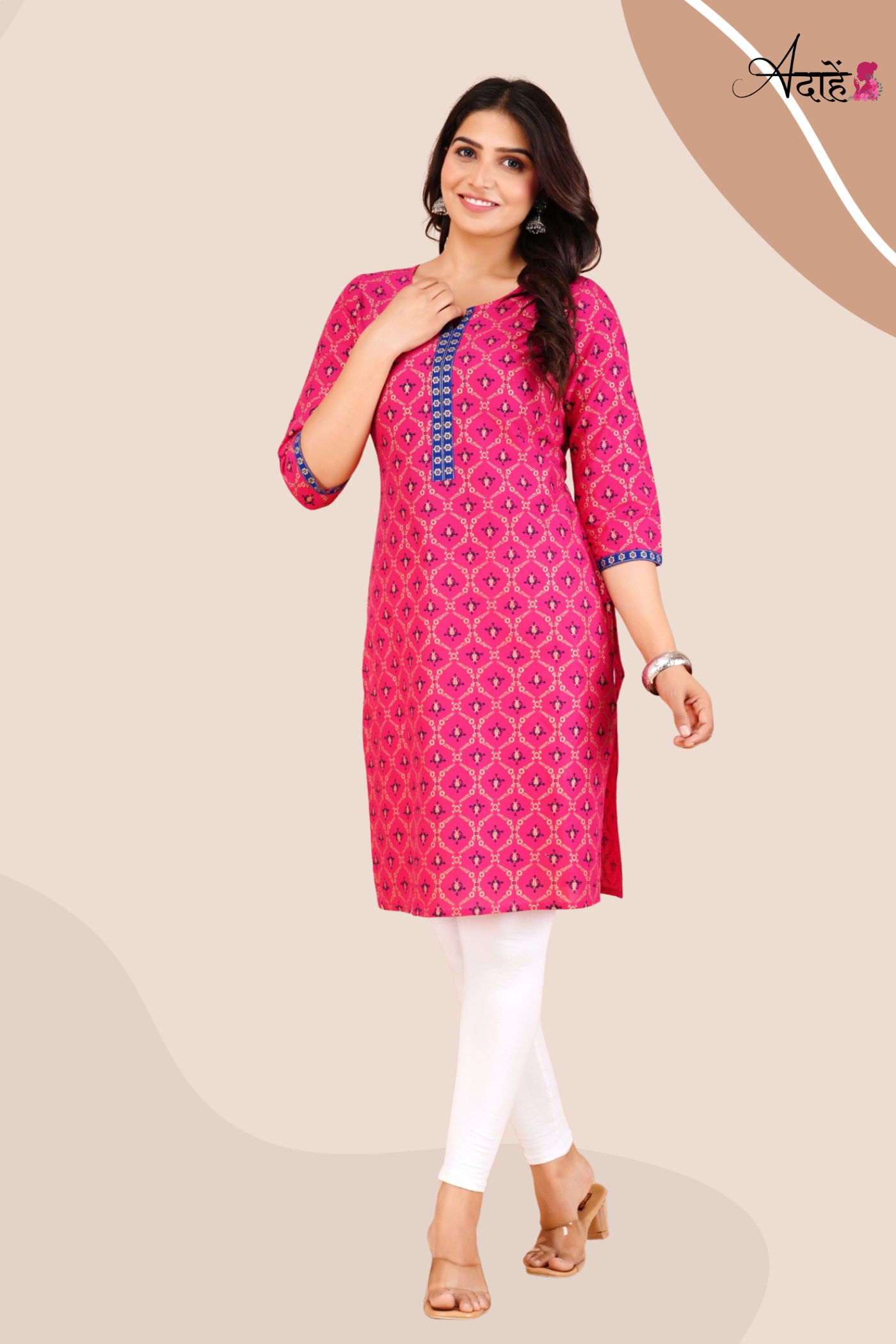 Adaahe Women's Pink and Blue Printed Cotton Kurti - Adaahe