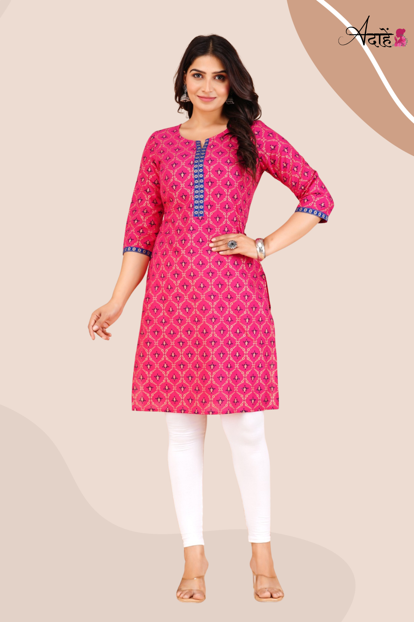 Adaahe Women's Pink and Blue Printed Cotton Kurti - Adaahe