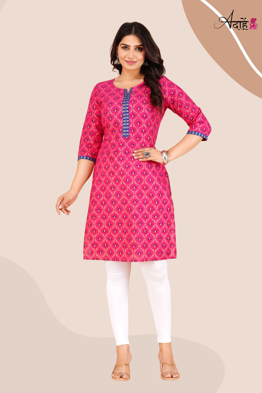 Adaahe Women's Pink and Blue Printed Cotton Kurti - Adaahe