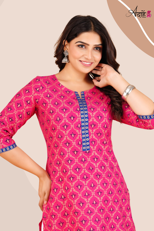 Adaahe Women's Pink and Blue Printed Cotton Kurti - Adaahe