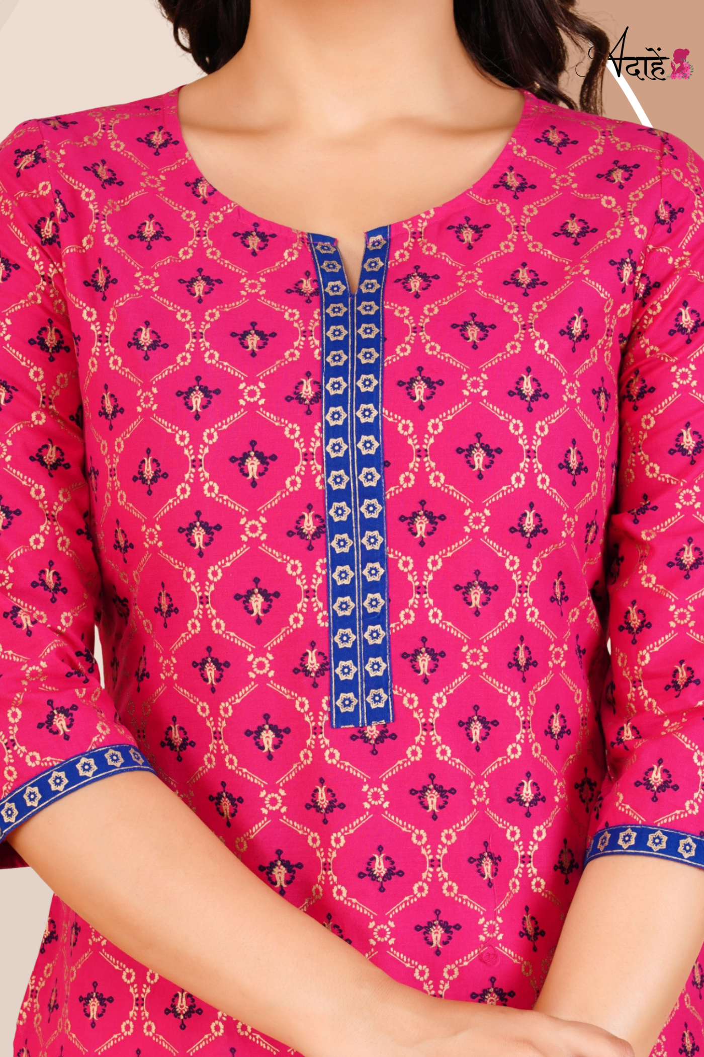 Adaahe Women's Pink and Blue Printed Cotton Kurti - Adaahe
