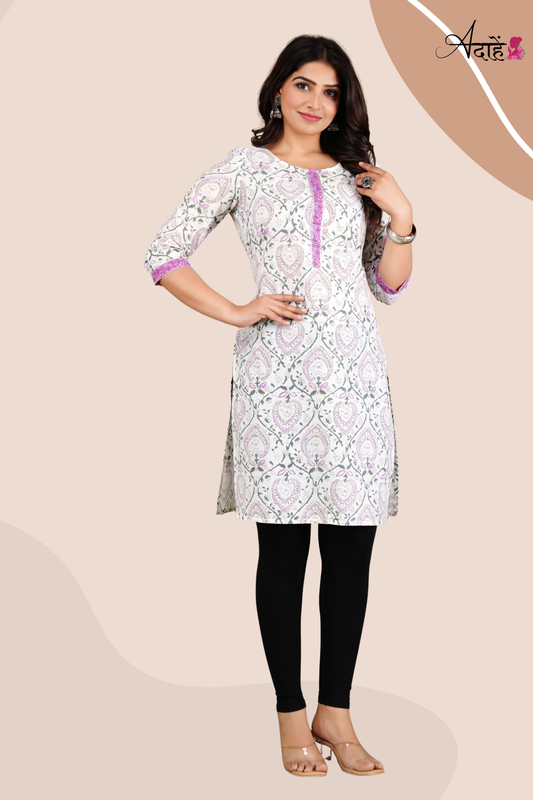 Adaahe Women's White and Purple Printed Cotton Kurti - Adaahe