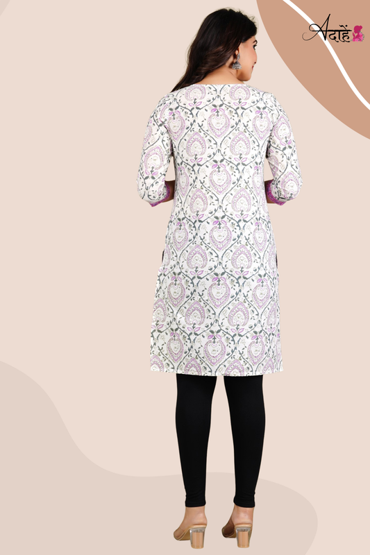 Adaahe Women's White and Purple Printed Cotton Kurti - Adaahe