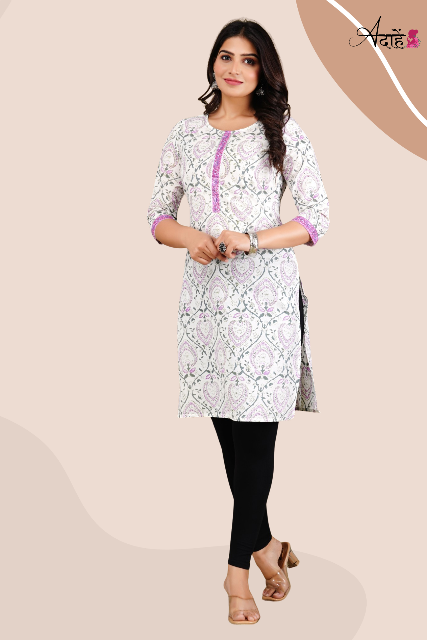 Adaahe Women's White and Purple Printed Cotton Kurti - Adaahe