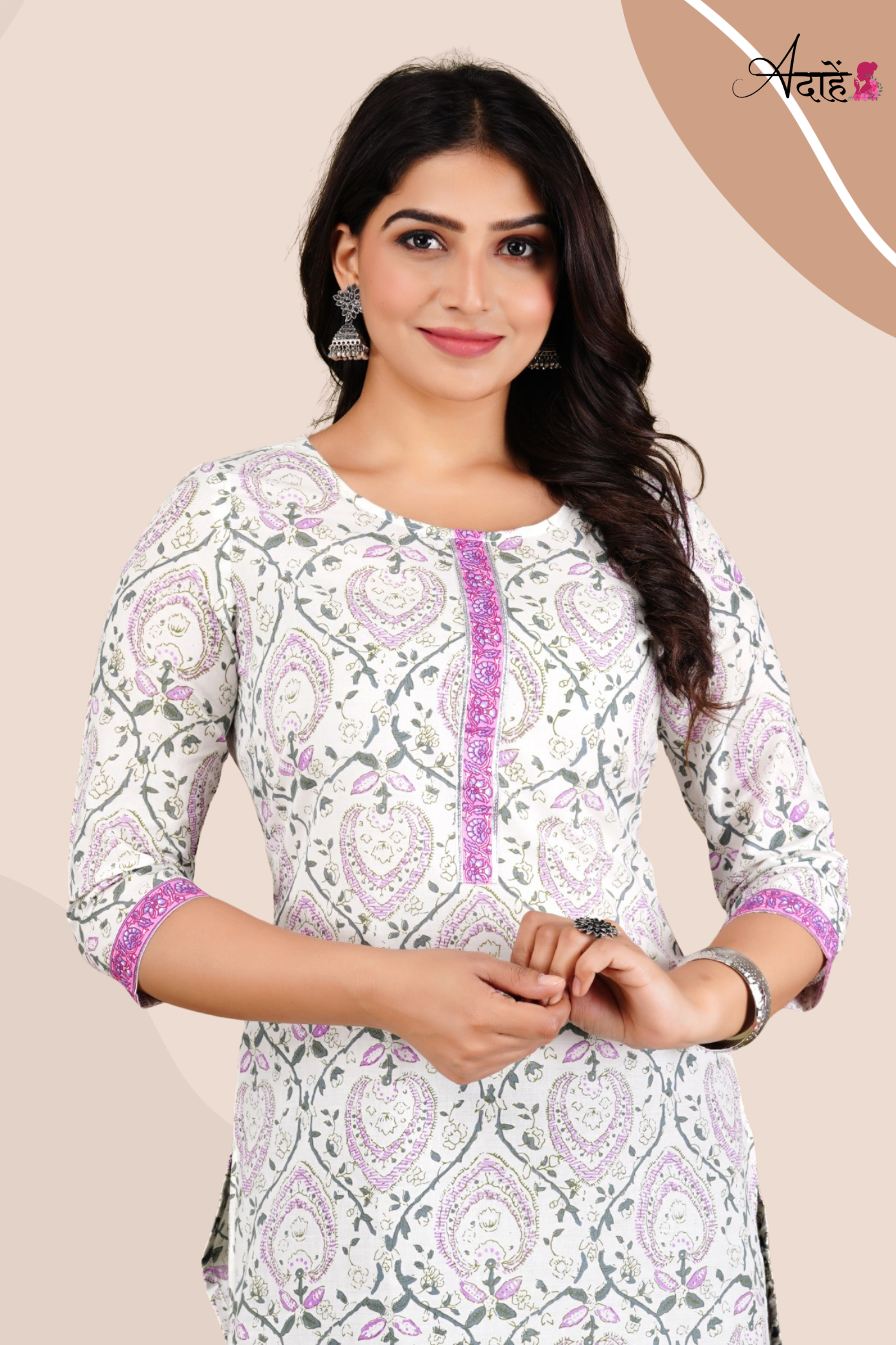 Adaahe Women's White and Purple Printed Cotton Kurti - Adaahe