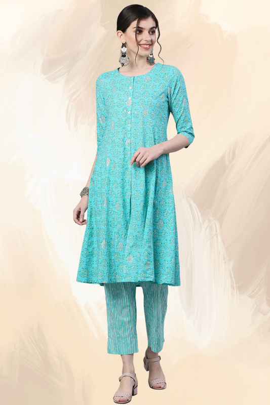Adaahe Women’s Aqua Blue Printed A-Line Kurta Set