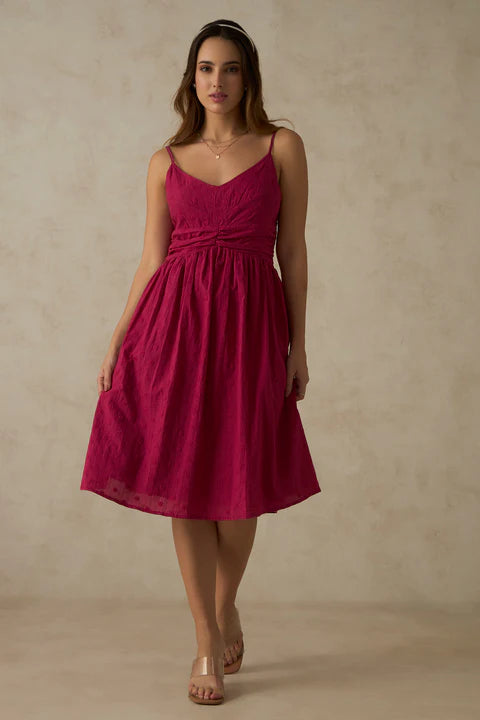 Adaahe Cotton Pink V Neck Ruched Midi Dress for Women - Adaahe