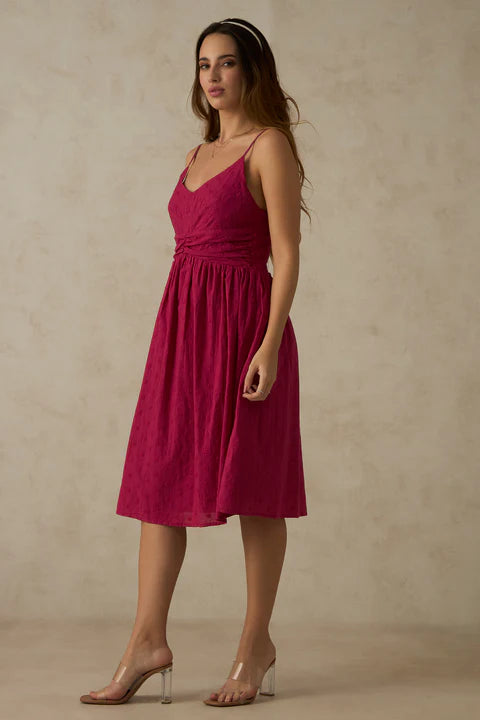 Adaahe Cotton Pink V Neck Ruched Midi Dress for Women - Adaahe