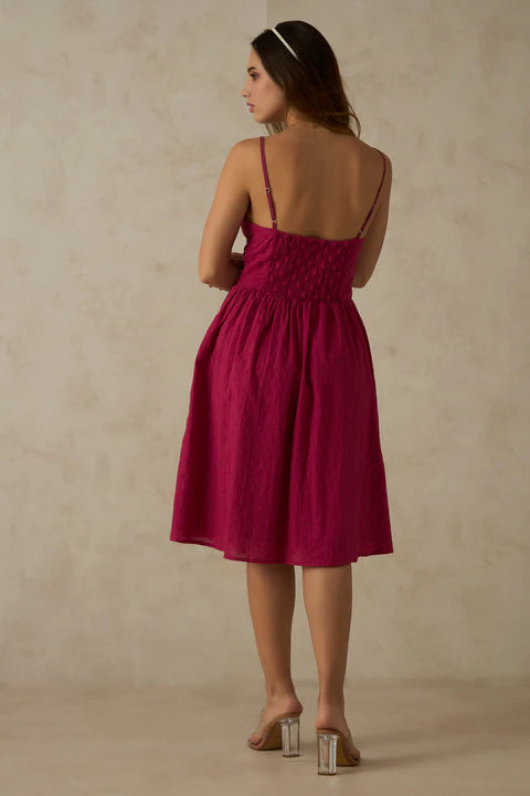 Adaahe Cotton Pink V Neck Ruched Midi Dress for Women - Adaahe