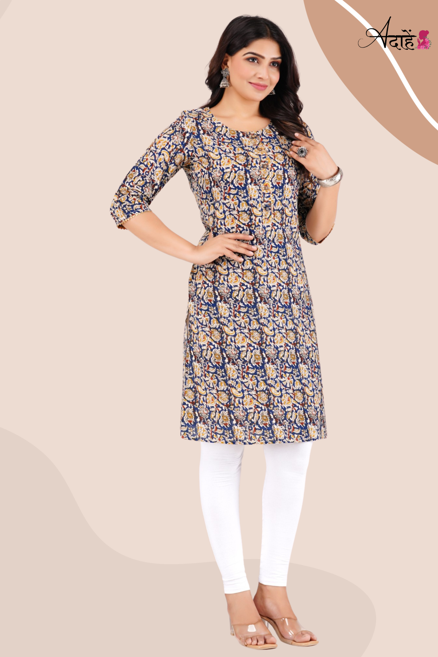 Adaahe Women's Blue Jaipuri Printed Cotton Kurti - Adaahe