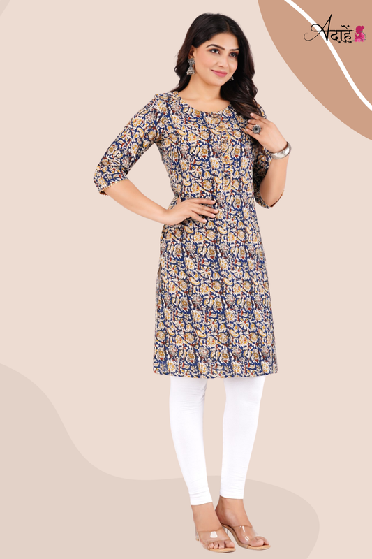 Adaahe Women's Blue Jaipuri Printed Cotton Kurti - Adaahe