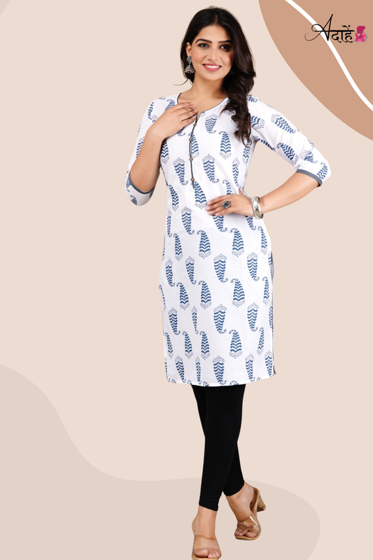 Adaahe Women's White and Blue Printed Cotton Kurti - Adaahe