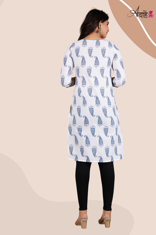 Adaahe Women's White and Blue Printed Cotton Kurti - Adaahe