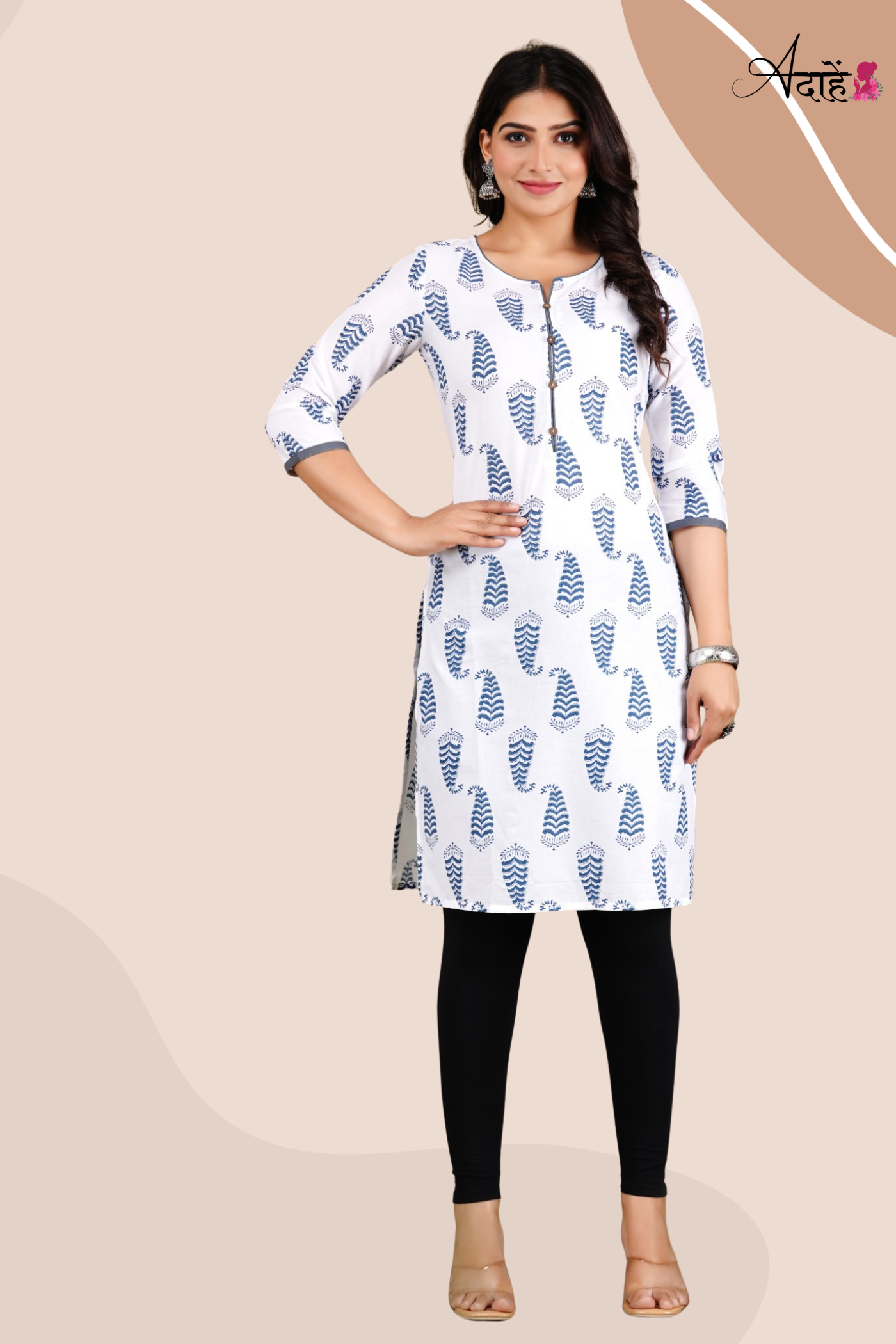 Adaahe Women's White and Blue Printed Cotton Kurti - Adaahe
