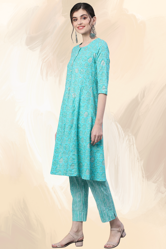 Adaahe Women’s Aqua Blue Printed A-Line Kurta Set