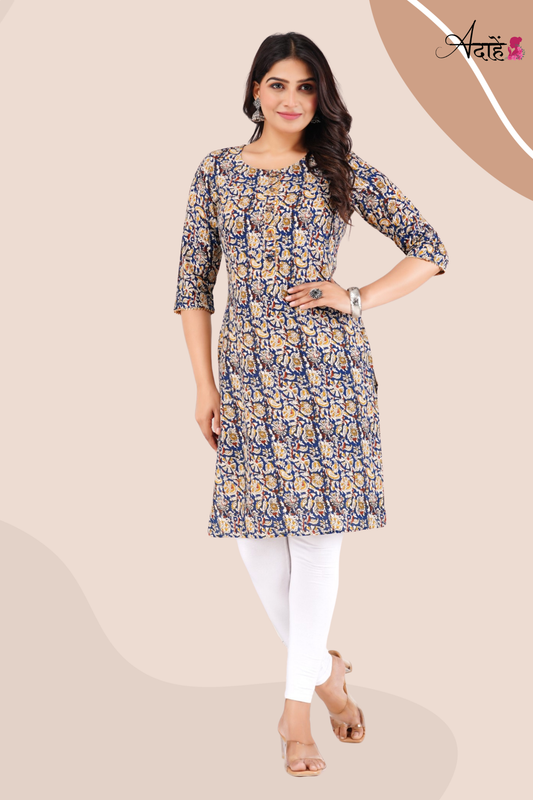 Adaahe Women's Blue Jaipuri Printed Cotton Kurti - Adaahe