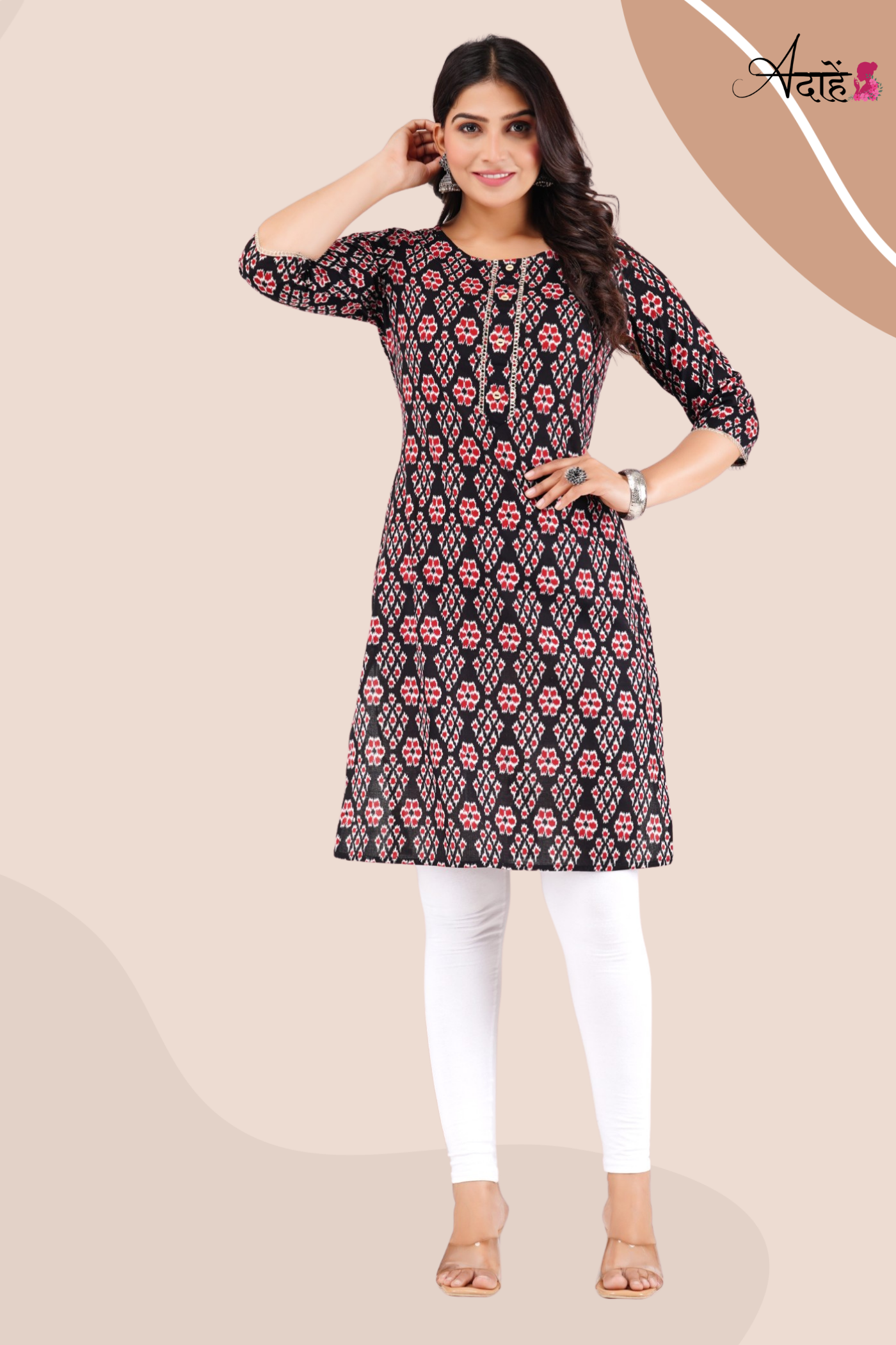 Adaahe Women's Black and Red Printed Cotton Kurti - Adaahe