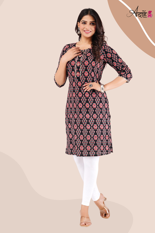 Adaahe Women's Black and Red Printed Cotton Kurti - Adaahe