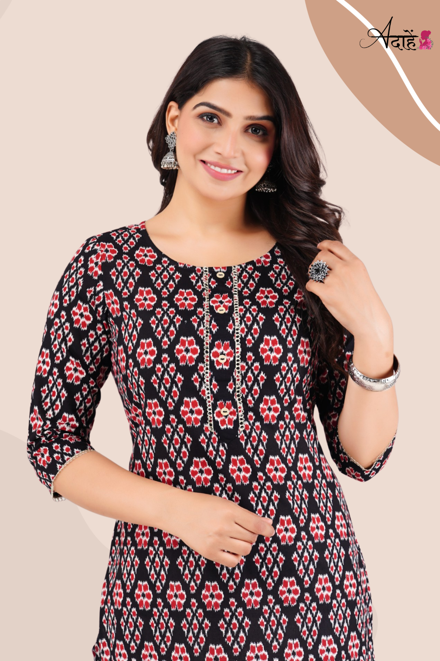 Adaahe Women's Black and Red Printed Cotton Kurti - Adaahe