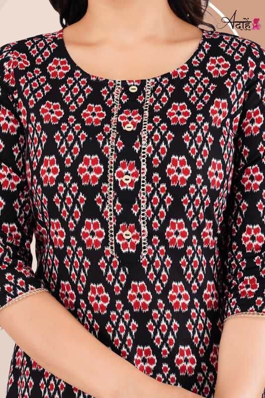Adaahe Women's Black and Red Printed Cotton Kurti - Adaahe