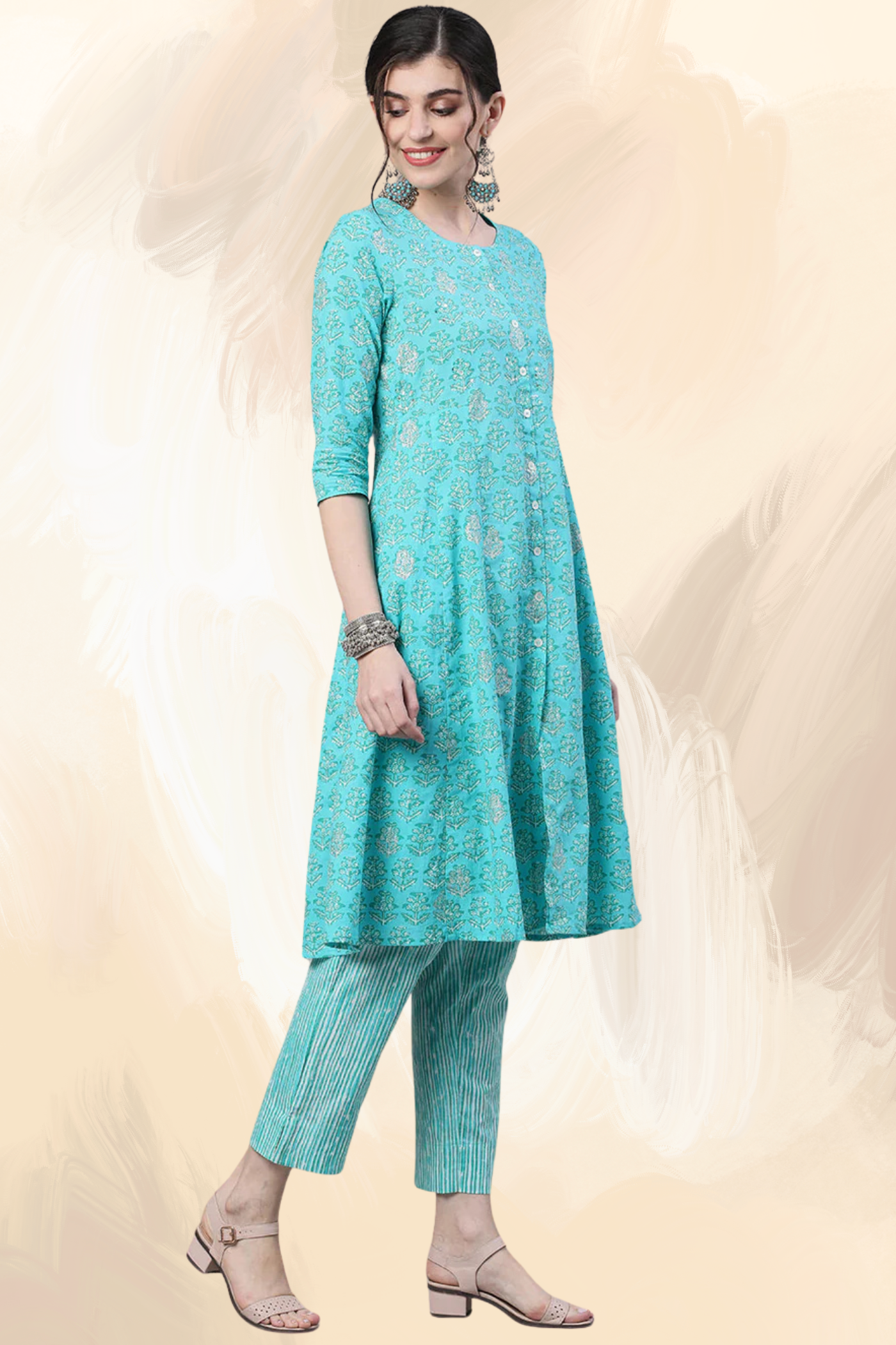 Adaahe Women’s Aqua Blue Printed A-Line Kurta Set