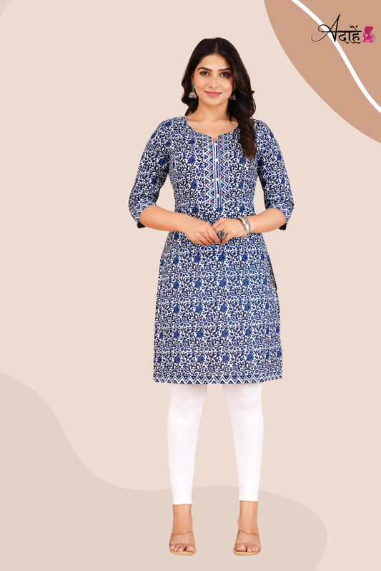 Adaahe Women's Blue and White Printed Cotton Kurti - Adaahe