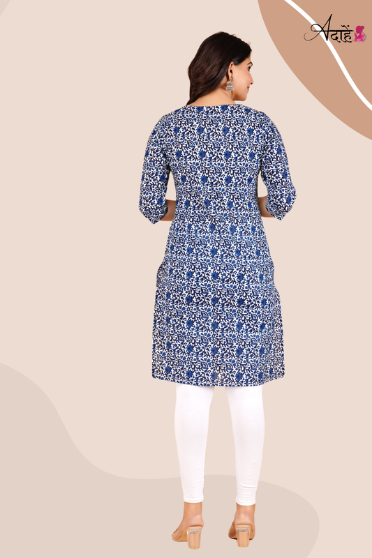Adaahe Women's Blue and White Printed Cotton Kurti - Adaahe